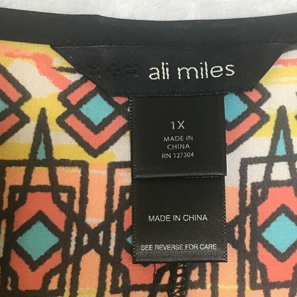 Ali Miles Top Womens 1X Orange Blue Geometric Print Semi Sheer V Neck Front Tie - Picture 5 of 10